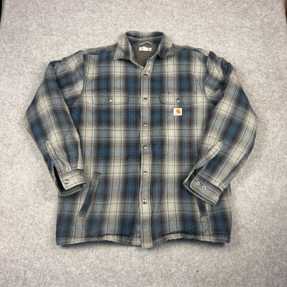 Carhartt Mens XL Relaxed Fit Flannel Sherpa Lined Shirt Jacket Blue Plaid Snap